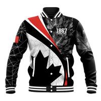 Black button-front baseball jacket with white geometric panels, red stripe, and maple leaf graphic