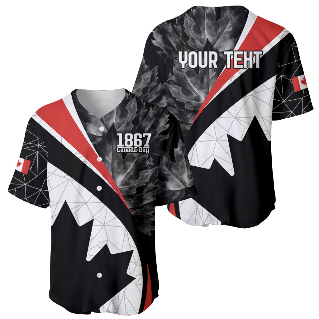 Black Canada Day baseball jersey, red white diagonal stripes, 1867 Canada Day text