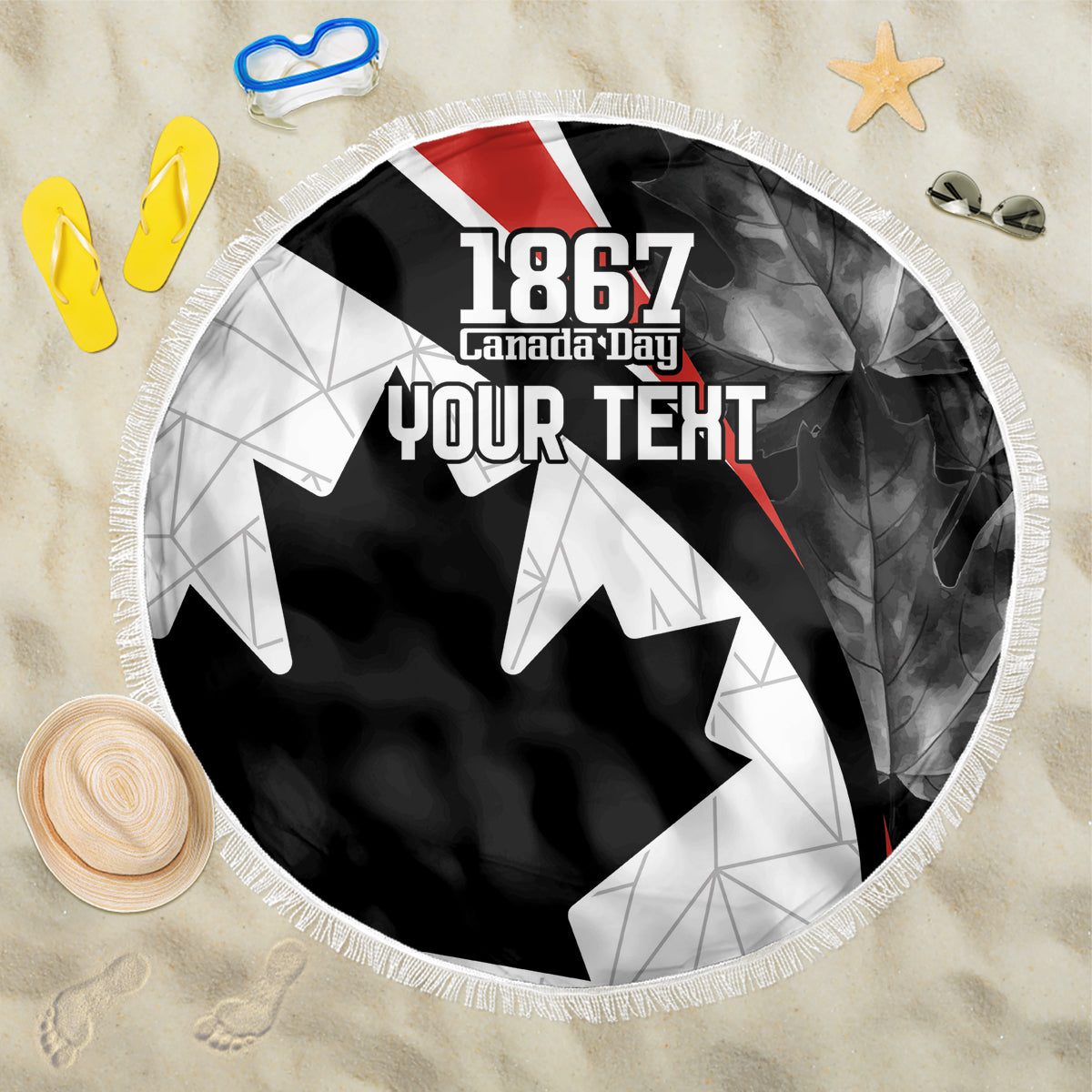 Fringed round Canada Day beach blanket with 1867 and 'YOUR TEXT' design, black/white