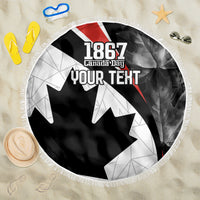 Fringed round Canada Day beach blanket with 1867 and 'YOUR TEXT' design, black/white
