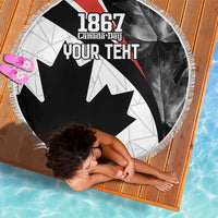Round fringed blanket with 1867 Canada Day 'YOUR TEXT' print, black and white maple graphics