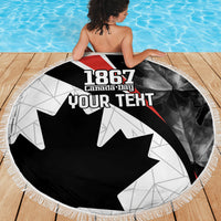 Round Canada Day beach blanket, black/white 'YOUR TEXT' and 1867 print, fringed edge