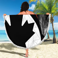 Round fringed Canada Day beach blanket, black/white maple 'YOUR TEXT' and 1867 design