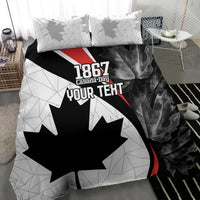 Close view of Canada Day bedding set featuring maple leaf, 1867, and two pillowcases