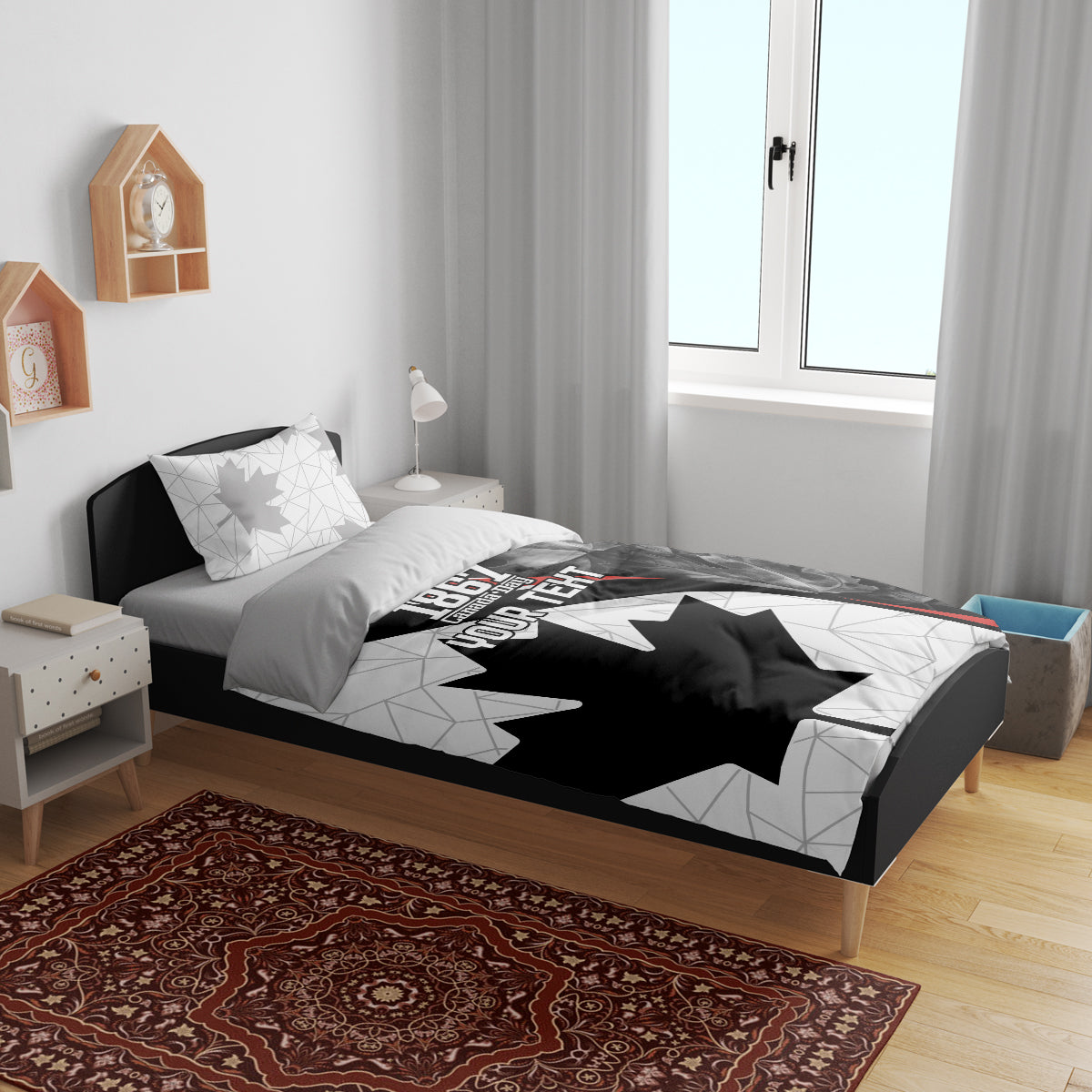 Maple leaf Canada Day bedding set on a bed with two printed pillowcases