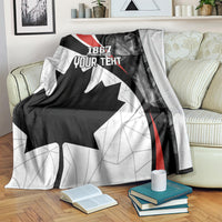 Canada Day personalized blanket showing black maple leaf, red stripe, and “YOUR TEXT”