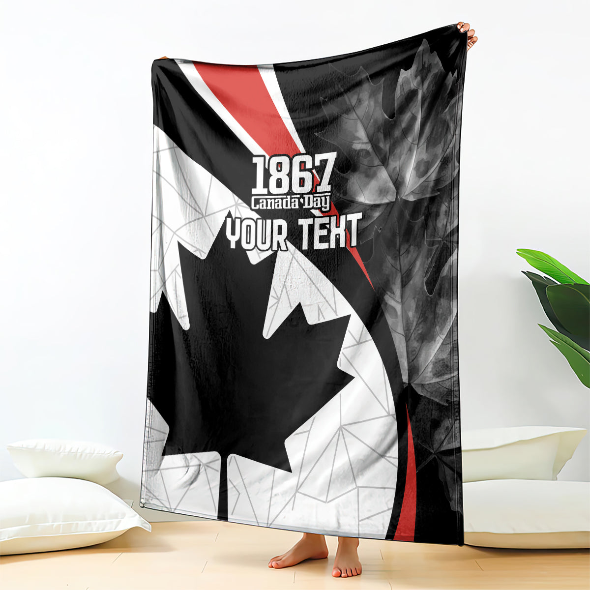 Personalized Canada Day blanket featuring 1867 Canada Day, maple leaf, red accents, and “YOUR TEXT”