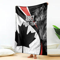Personalized Canada Day blanket featuring 1867 Canada Day, maple leaf, red accents, and “YOUR TEXT”