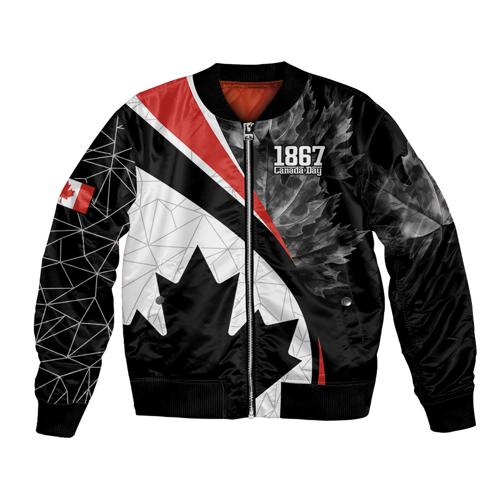 Black bomber jacket front zip with 1867 Canada text, maple leaf and Canada flag