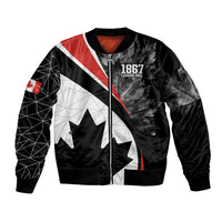 Black bomber jacket front zip with 1867 Canada text, maple leaf and Canada flag
