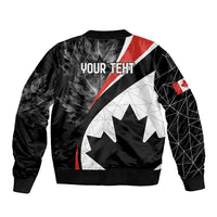 Black bomber jacket with Canada flag diagonal stripe and maple leaf graphic, ribbed cuffs