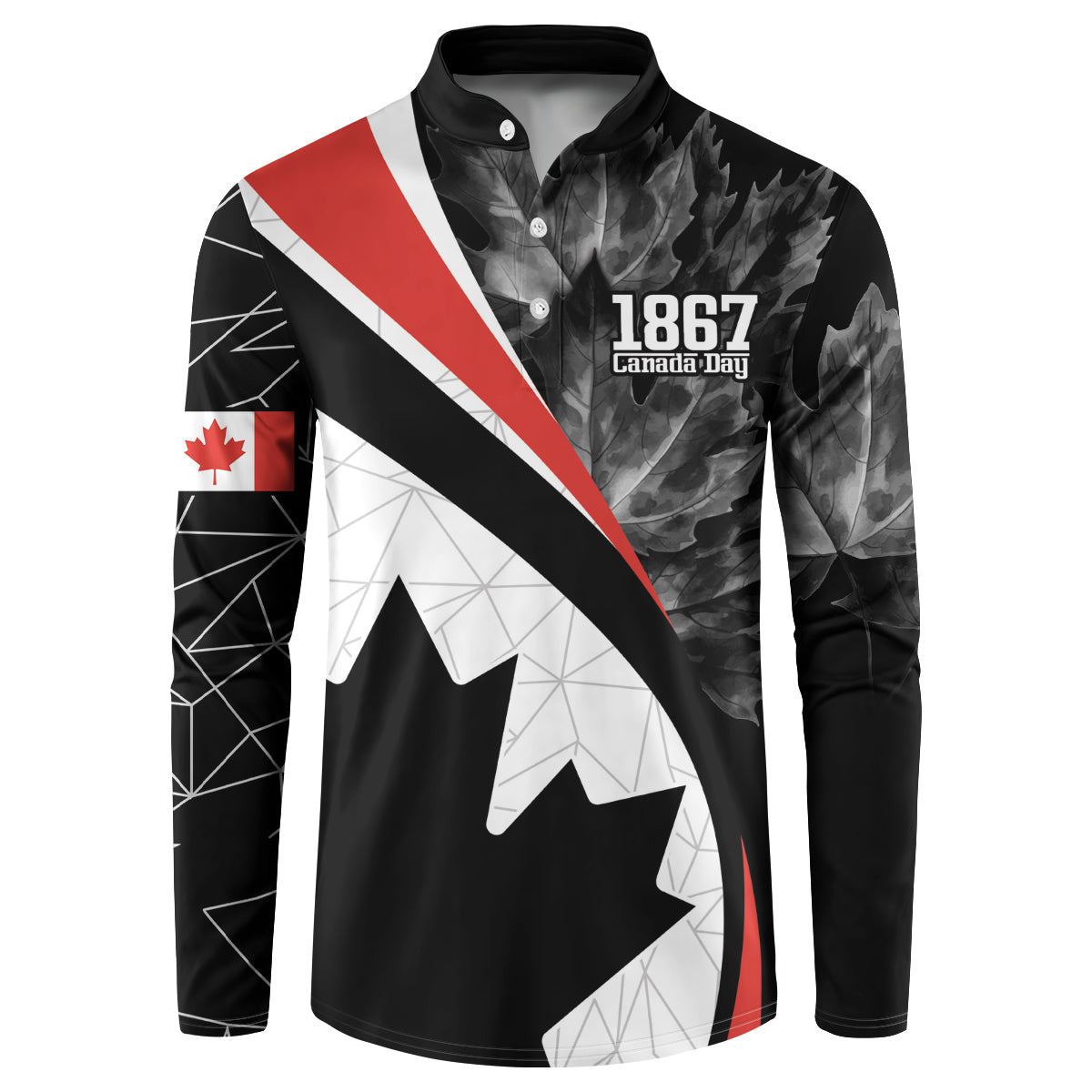 Black men's button sweatshirt with red-and-white Canada leaf graphic and 1867 Canada Day text