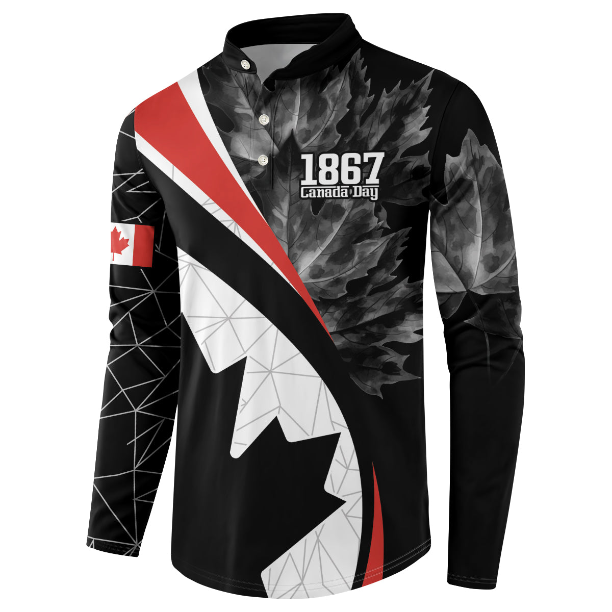 Black men's button sweatshirt with red-and-white diagonal Canada leaf stripes and 1867 Canada Day
