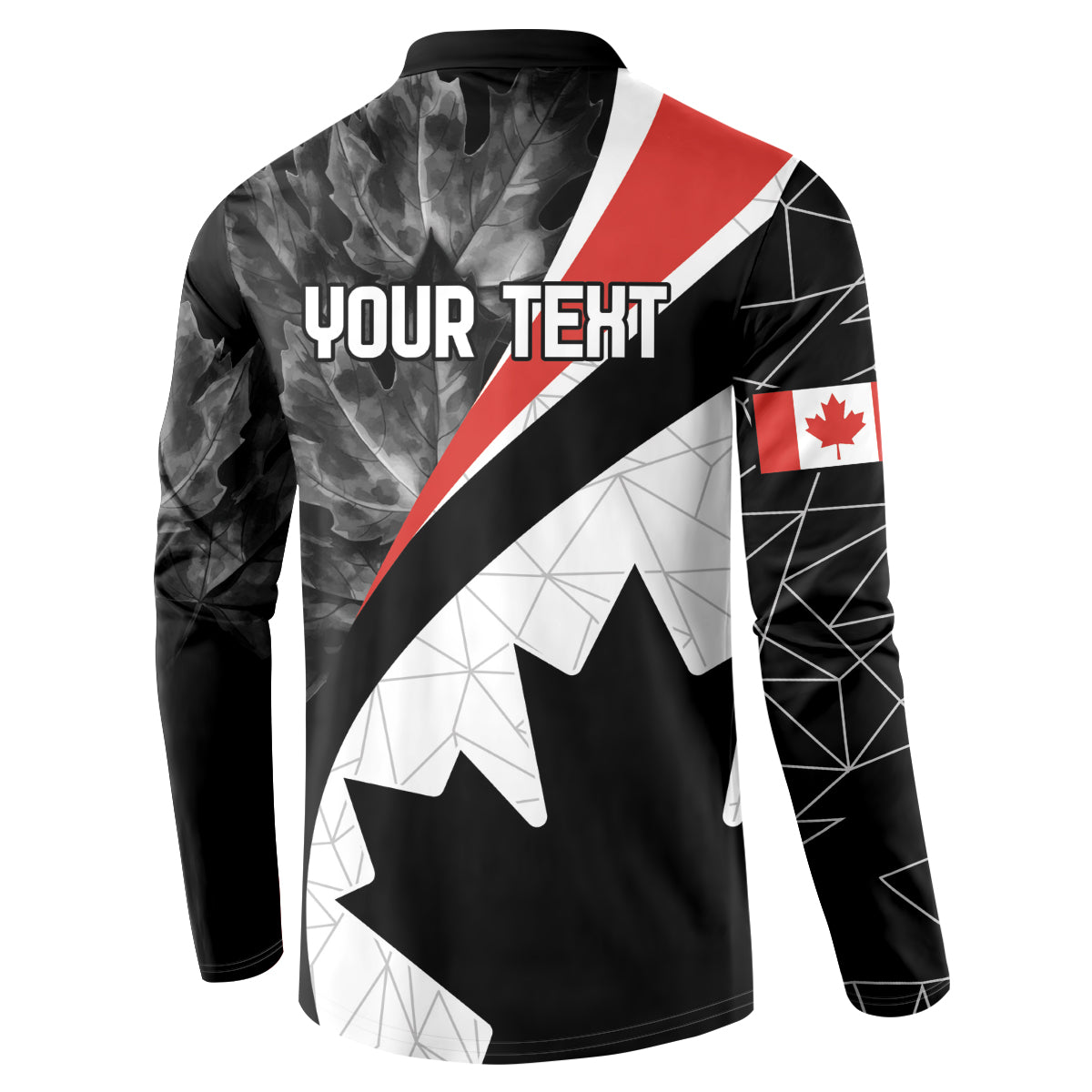 Black men's button sweatshirt with 'YOUR TEXT' back print and geometric Canada leaf graphic