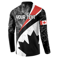 Black men's button sweatshirt with 'YOUR TEXT' back print and geometric Canada leaf graphic