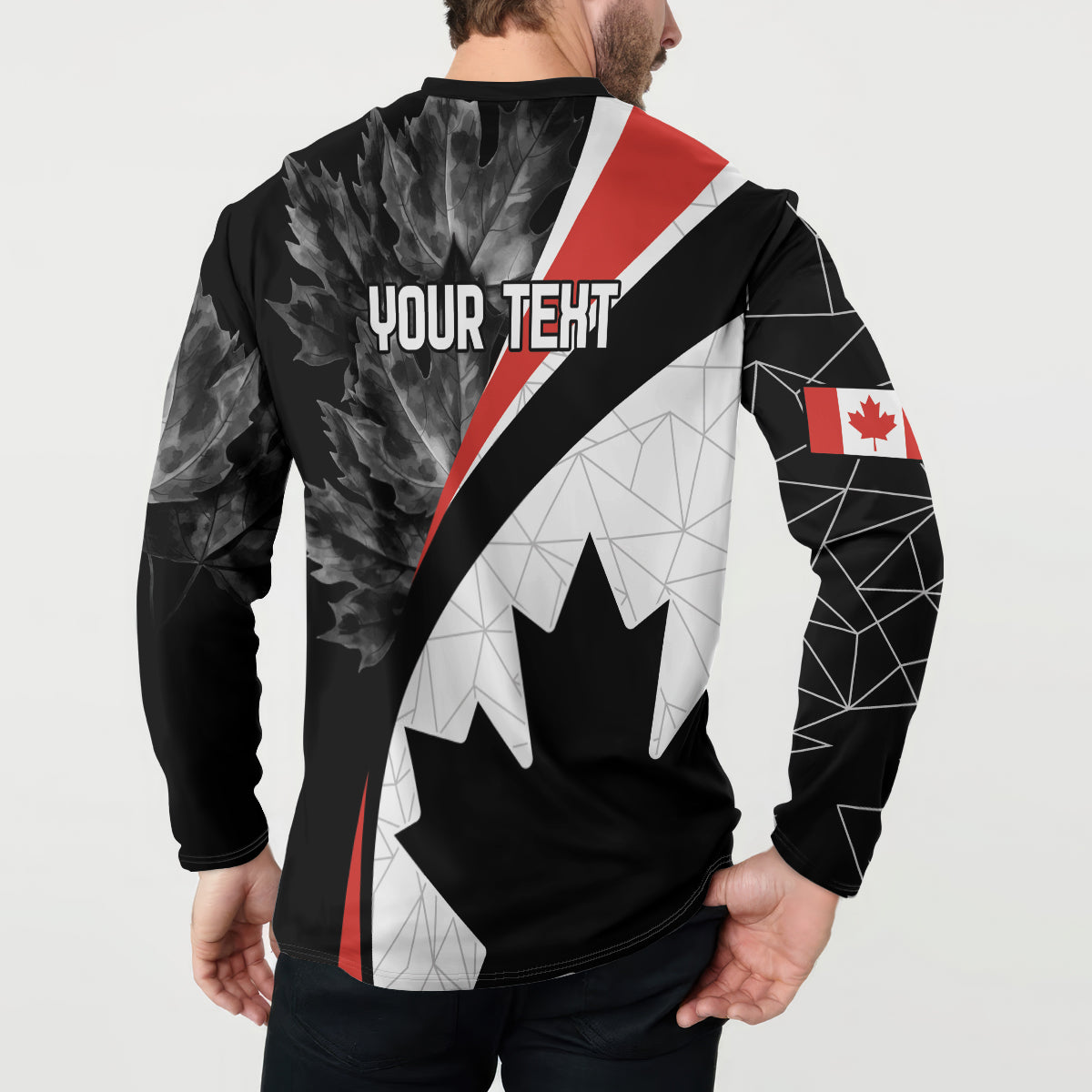 Black men's button sweatshirt with geometric Canada leaf graphic and 'YOUR TEXT' back print