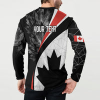 Black men's button sweatshirt with geometric Canada leaf graphic and 'YOUR TEXT' back print