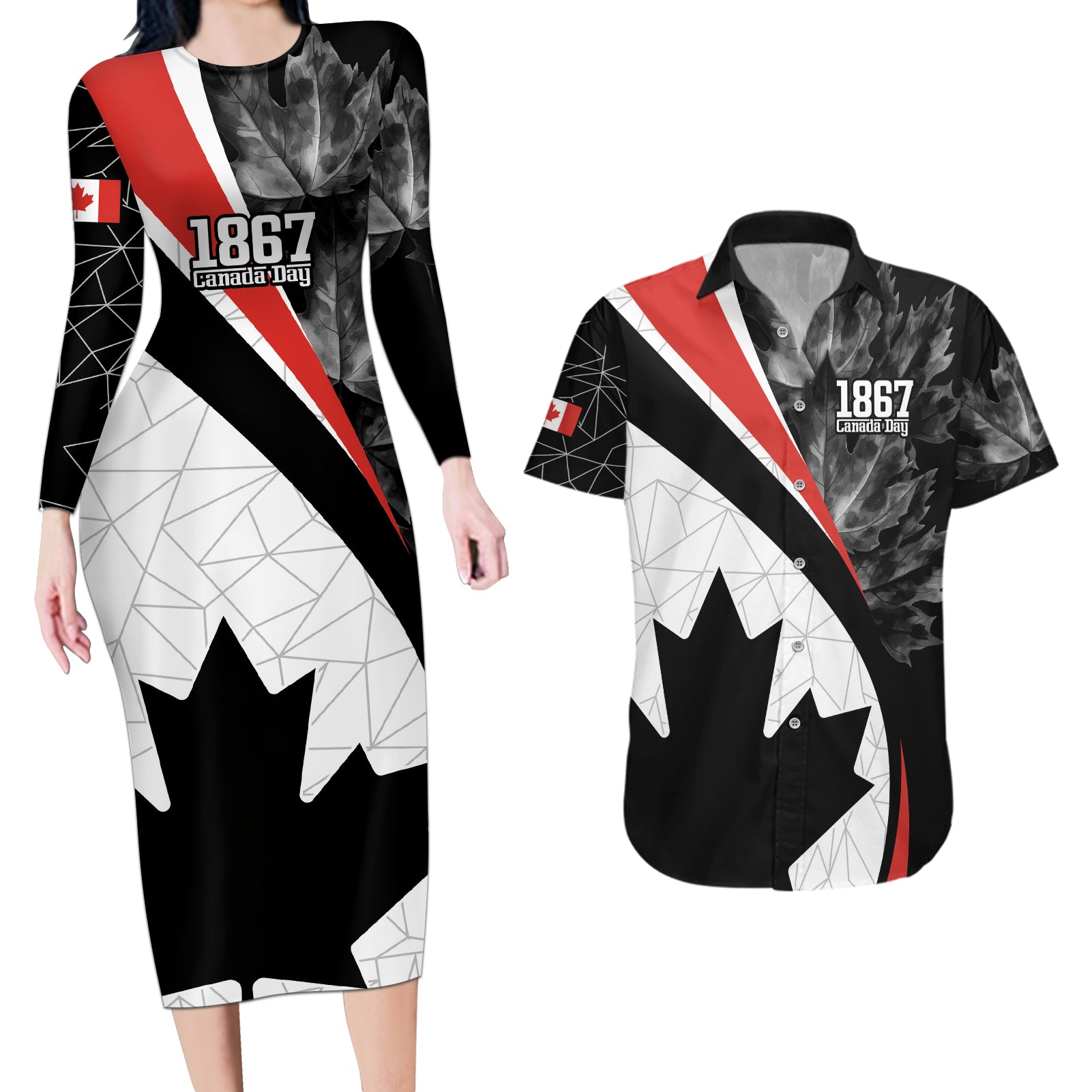 Personalized Canada Day Sine 1867 Couples Matching Long Sleeve Bodycon Dress and Hawaiian Shirt With National Maple Leaf LT9 - Wonder Print Shop