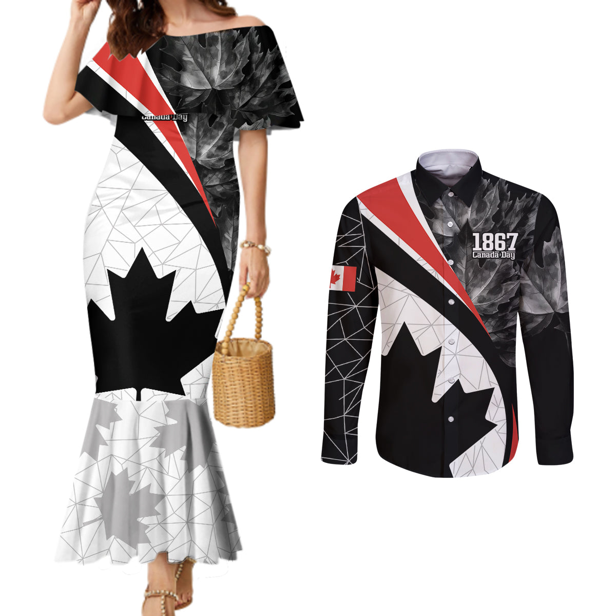 Personalized Canada Day Sine 1867 Couples Matching Mermaid Dress and Long Sleeve Button Shirt With National Maple Leaf