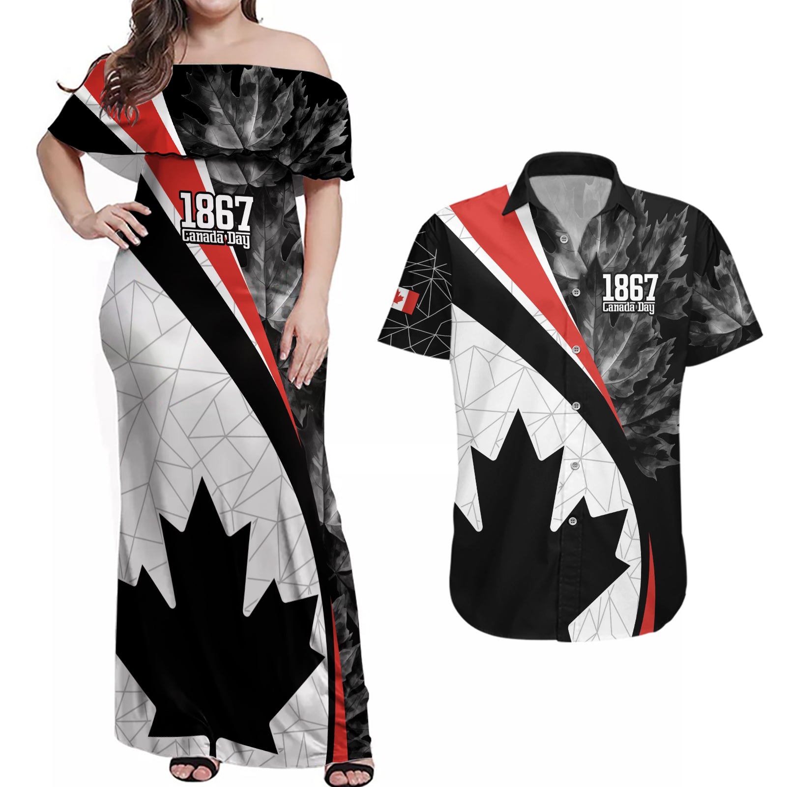 Personalized Canada Day Sine 1867 Couples Matching Off Shoulder Maxi Dress and Hawaiian Shirt With National Maple Leaf LT9 - Wonder Print Shop