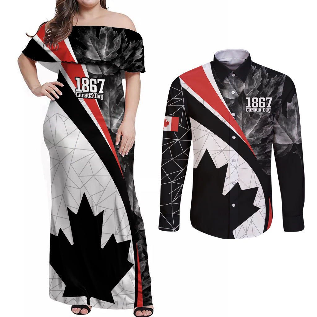 Personalized Canada Day Sine 1867 Couples Matching Off Shoulder Maxi Dress and Long Sleeve Button Shirt With National Maple Leaf LT9 - Wonder Print Shop