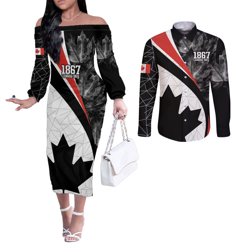 Personalized Canada Day Sine 1867 Couples Matching Off The Shoulder Long Sleeve Dress and Long Sleeve Button Shirt With National Maple Leaf