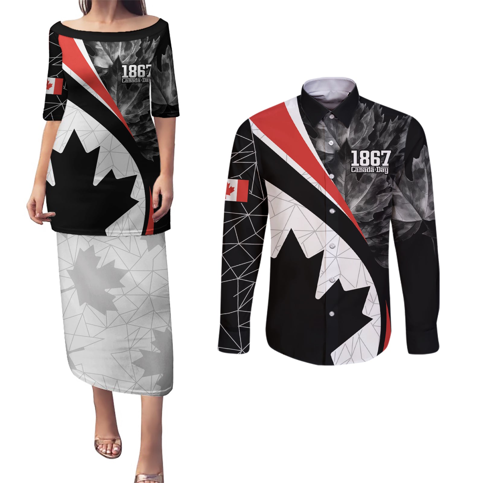 Personalized Canada Day Sine 1867 Couples Matching Puletasi and Long Sleeve Button Shirt With National Maple Leaf LT9 - Wonder Print Shop