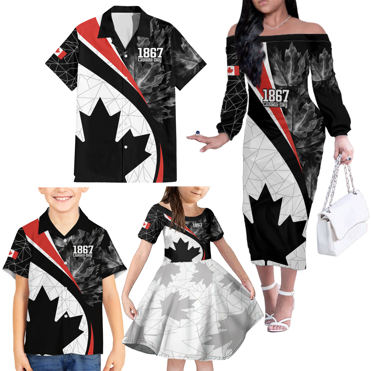 Personalized Canada Day Sine 1867 Family Matching Off The Shoulder Long Sleeve Dress and Hawaiian Shirt With National Maple Leaf - Wonder Print Shop