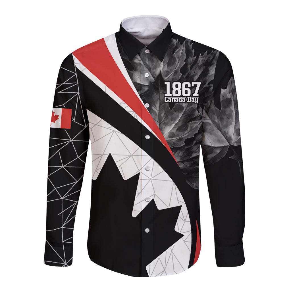 Black long-sleeve button shirt with 1867 Canada Day text and maple leaf design