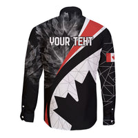 Black long-sleeve button shirt with large maple leaf and Canada Day graphics