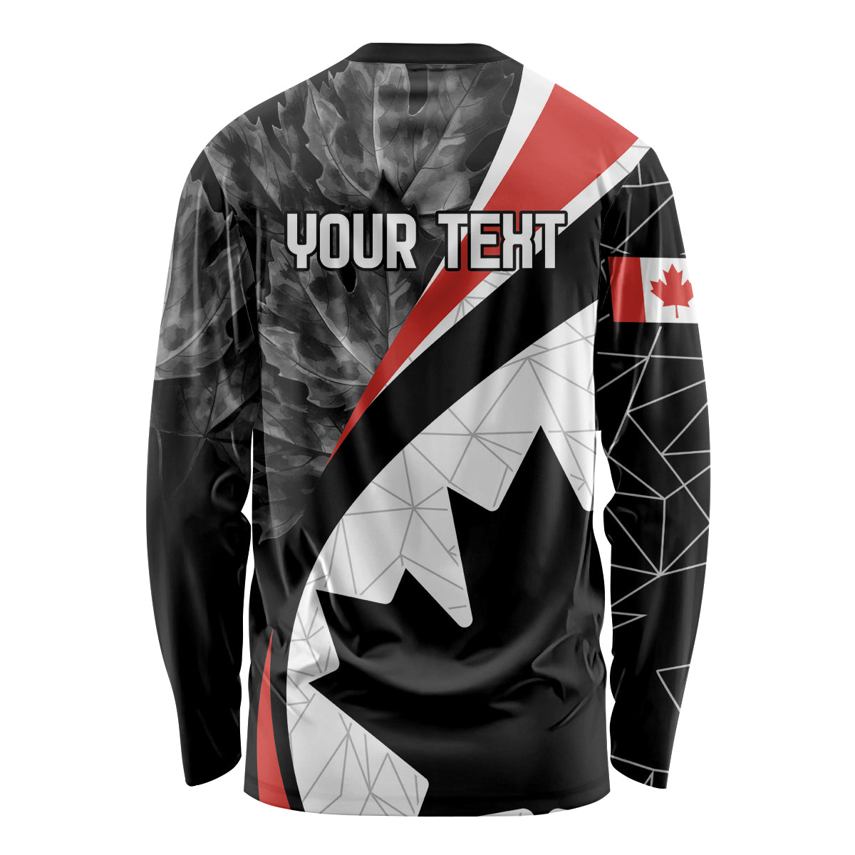 Black long-sleeve shirt with YOUR TEXT lettering and large maple leaf graphic