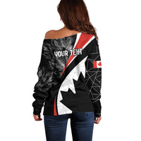 Off-shoulder black sweater back view with "YOUR TEXT" and Canada flag patch
