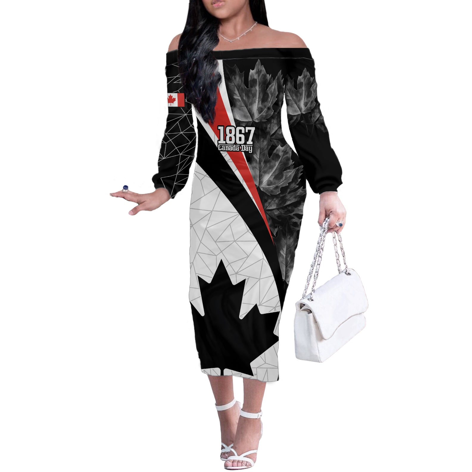 Personalized Canada Day Sine 1867 Off The Shoulder Long Sleeve Dress With National Maple Leaf - Wonder Print Shop