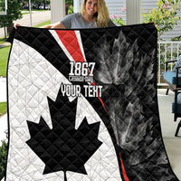 Black, white and red quilt with quilted Canada maples leaf and custom text panel