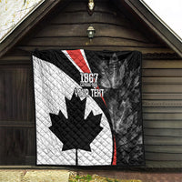 Black and white quilt with red accent, Canada maple leaf graphic and “YOUR TEXT”