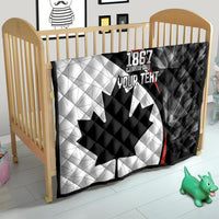 Black and white quilt with red stripe, quilted maple leaf and “YOUR TEXT”