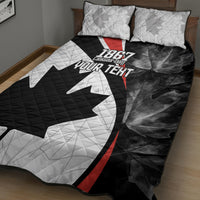 Canada Day quilt bed set with quilted black-and-white maple leaf graphic and two shams