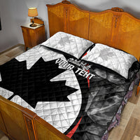 Canada Day quilt bed set on wooden bed with black-and-white maple leaf pattern and two pillows