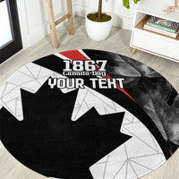 Black round area rug with 1867 Canada Day and Your Text typography, maple leaf graphics