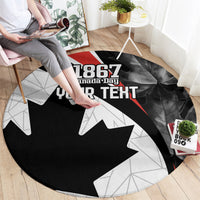 Black round area rug with 1867 Canada Day Your Text print and maple leaf graphic