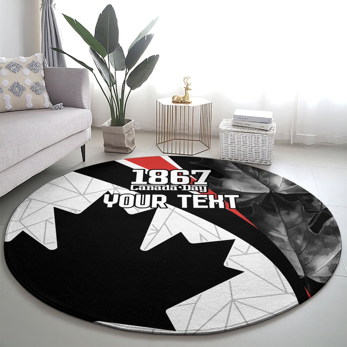 Round black area rug with 1867 Canada Day Your Text lettering and star/maple leaf design