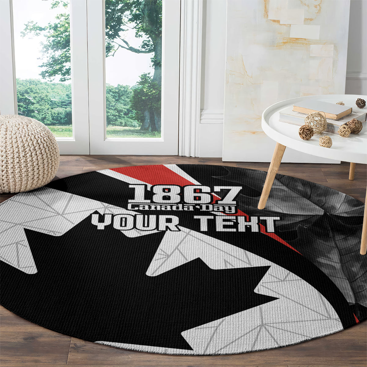 Black round area rug with 1867 Canada Day Your Text, red accent stripe, maple leaf stars