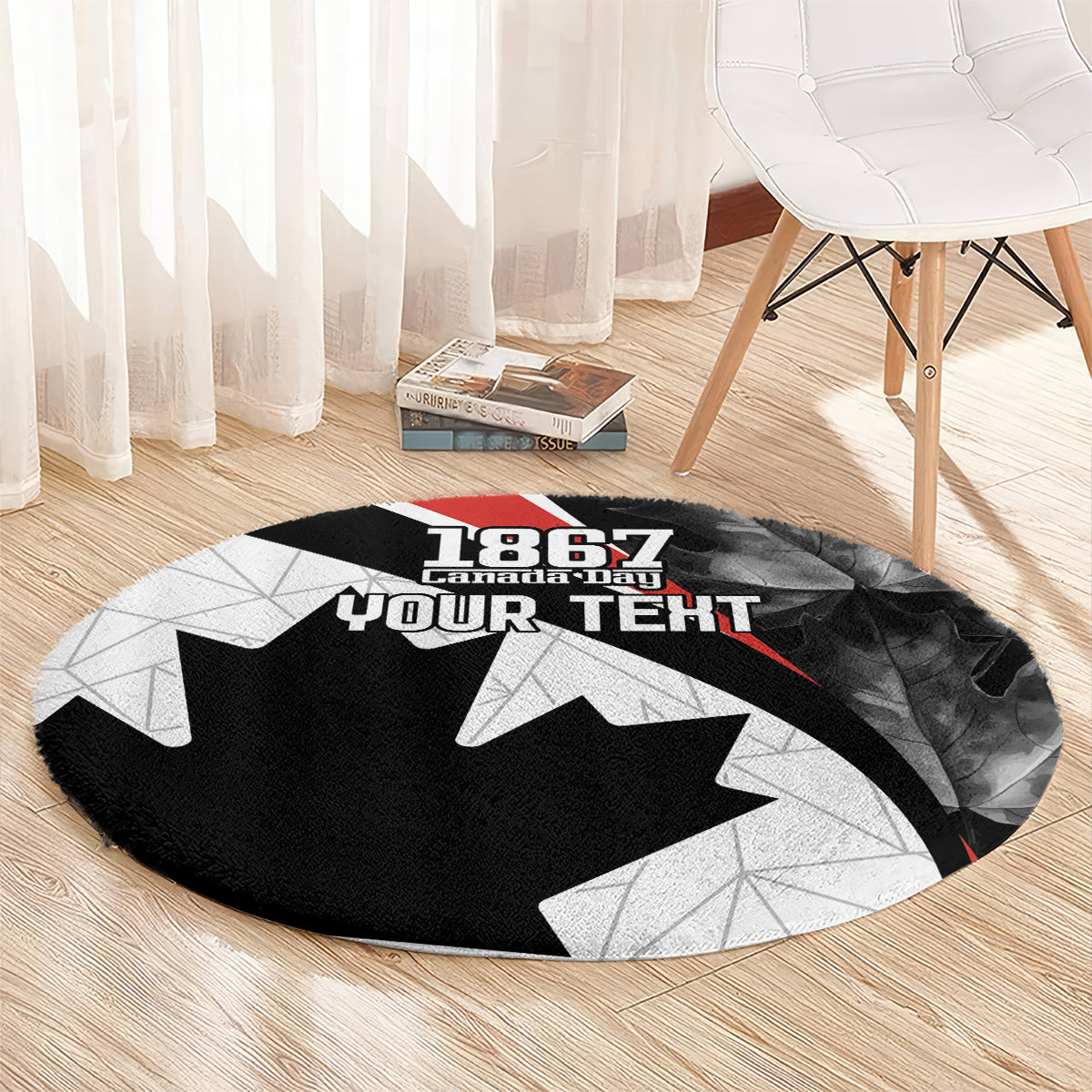 Black round area rug with 1867 Canada Day Your Text text and white maple leaf shapes