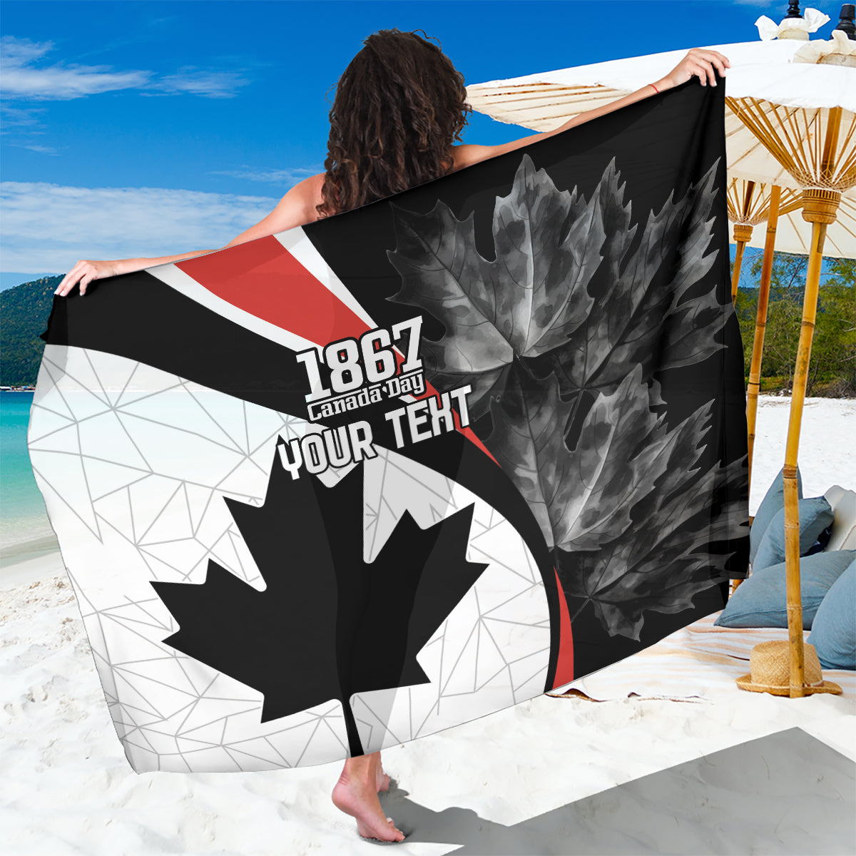 Canada Day sarong with 1867 maple leaf graphic, black and white