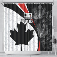 Canada Day shower curtain with 1867 text, large maple leaf, black-and-white panels