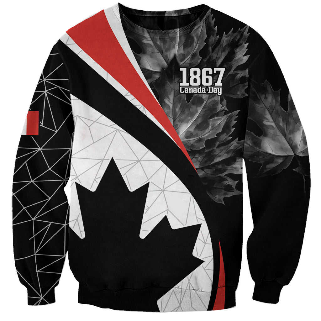 Black unisex sweatshirt with maple leaf, red/white diagonal stripes, 1867 Canada Day text