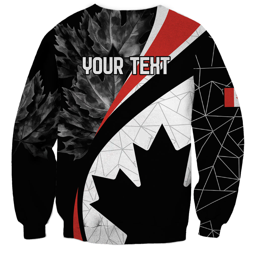 Black unisex sweatshirt with large maple leaf graphic, red/white stripe and 'YOUR TEXT'