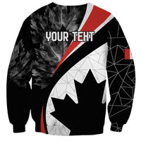 Black unisex sweatshirt with large maple leaf graphic, red/white stripe and 'YOUR TEXT'