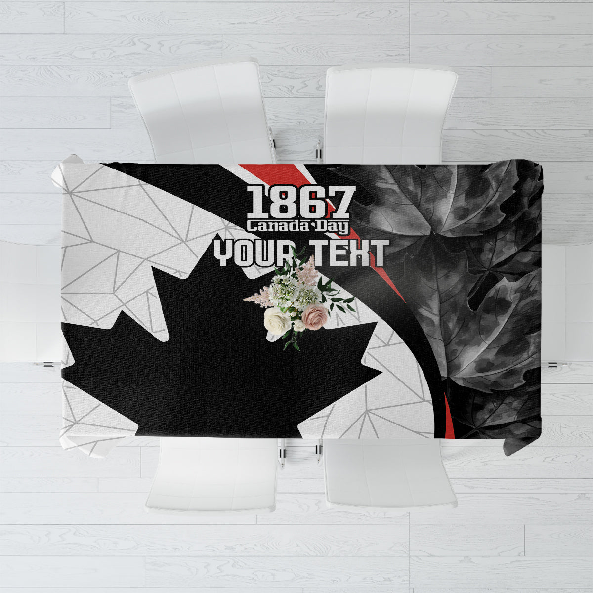 Black Canada Day tablecloth with maple leaf, 1867 text, and red accent stripe