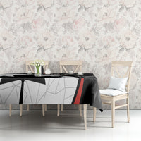 Black Canada Day tablecloth with geometric maple leaf pattern and red accent stripe
